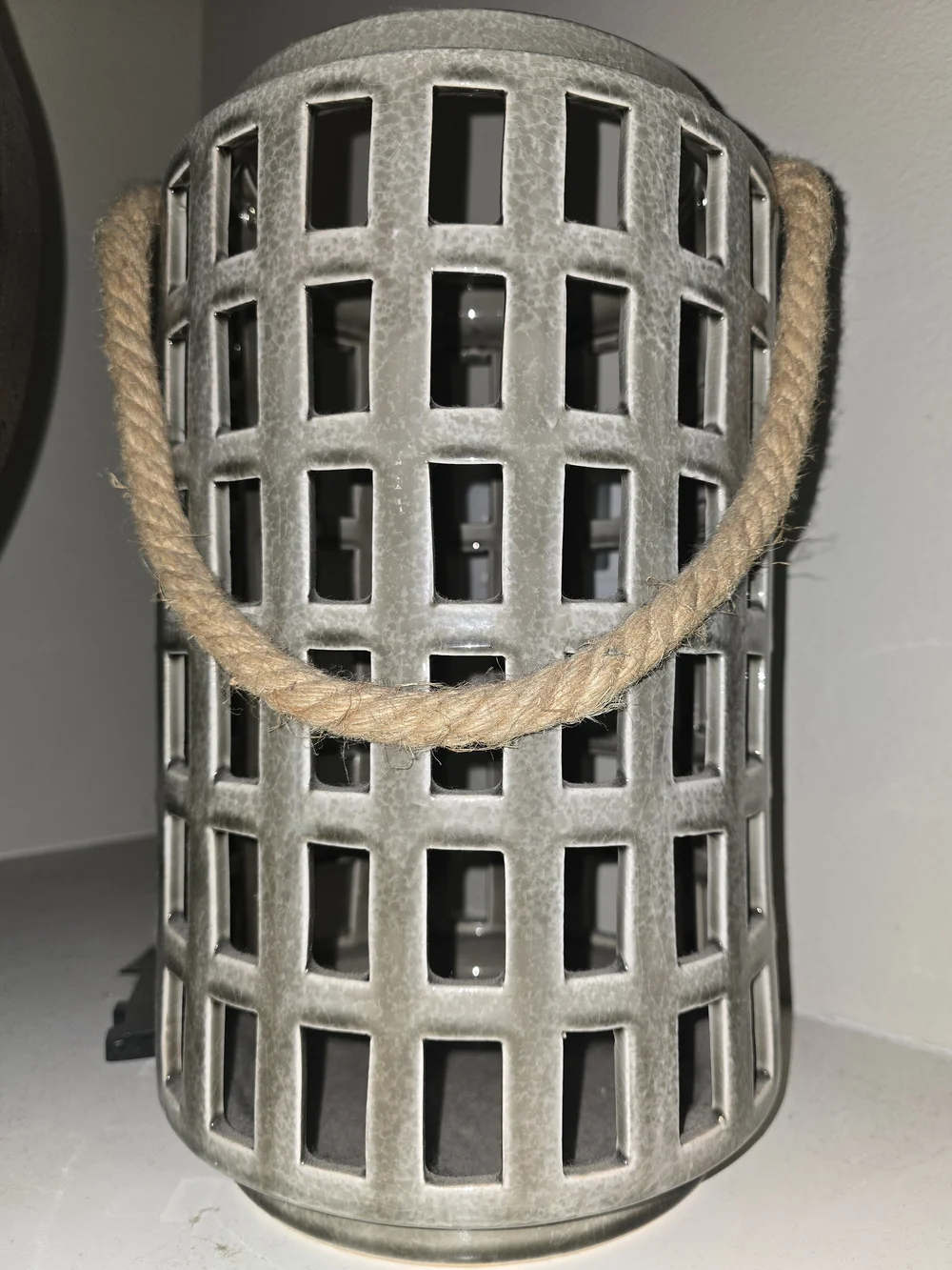 Crate&Barrel Gray Ceramic Lattice Lantern with Rope Handle